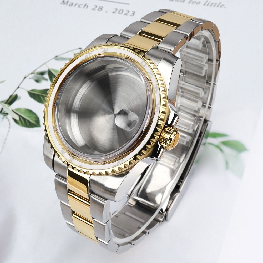 40mm SUB Watch Cases Bracelet Two Tone Gold Luminous Bezel For Janpan NH35 NH36