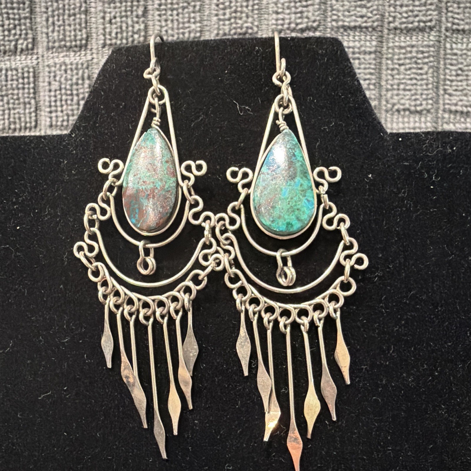 Silver Tone Turquoise Teardrop Chandelier Dangle Drop Hook Earrings Boho
