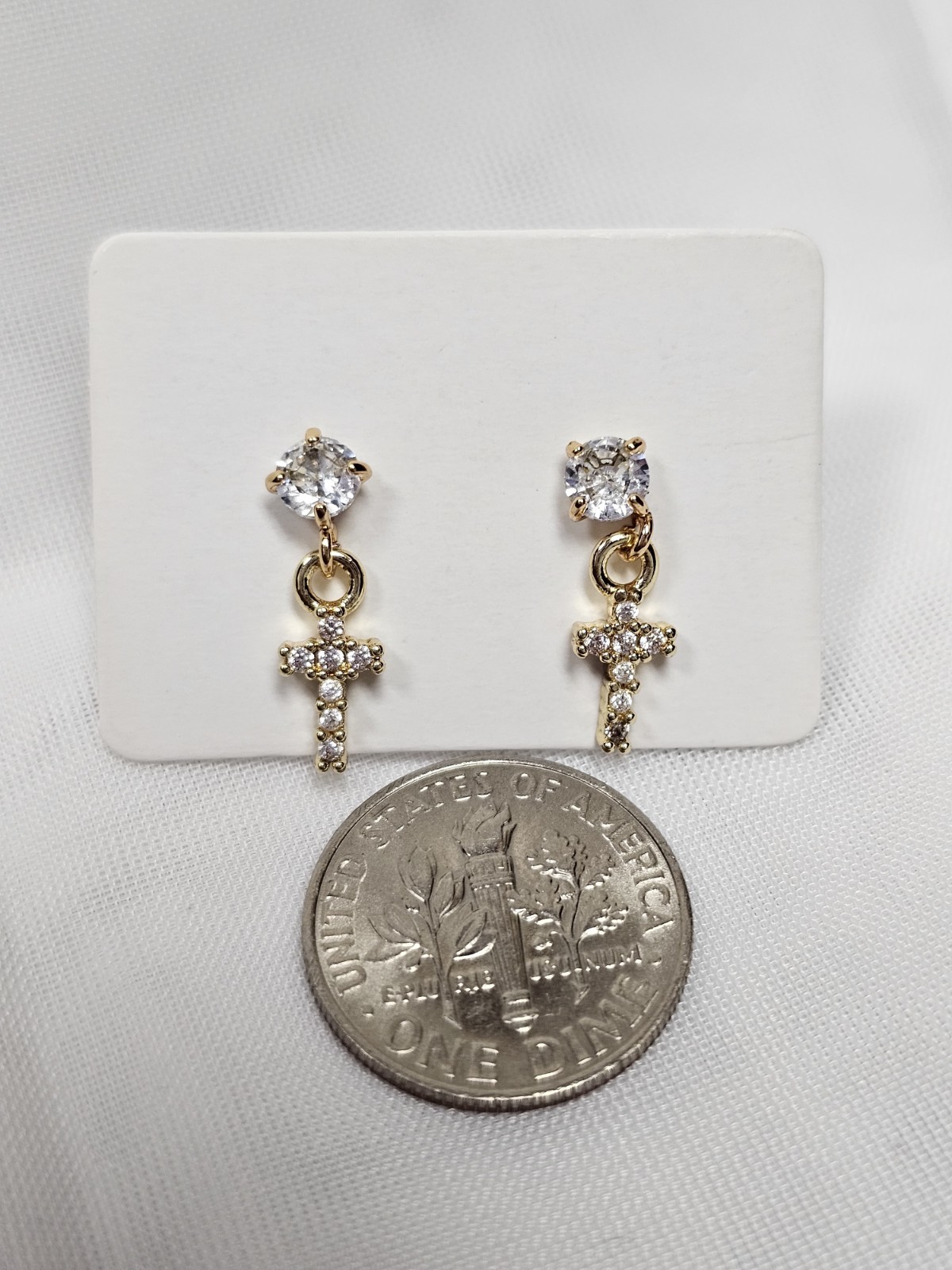 Gold Tone Clear Crystal Rhinestone Cross Dangle Stud Earrings Butterfly Back