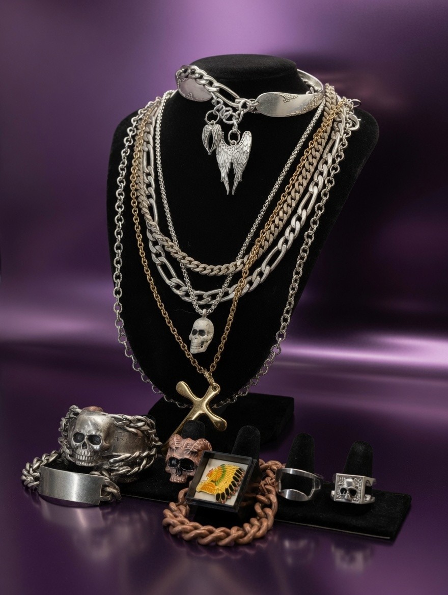 Vintage Biker Jewelry Lot – Skulls Cross Chains Rings Bracelets + Indian Pin