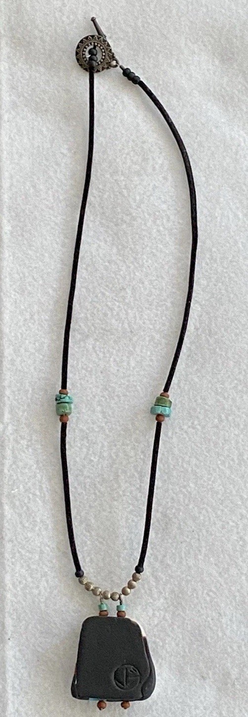 Pueblo Painted Clay Signed Pendant, Southwest Turquoise & Coral Chips on cord