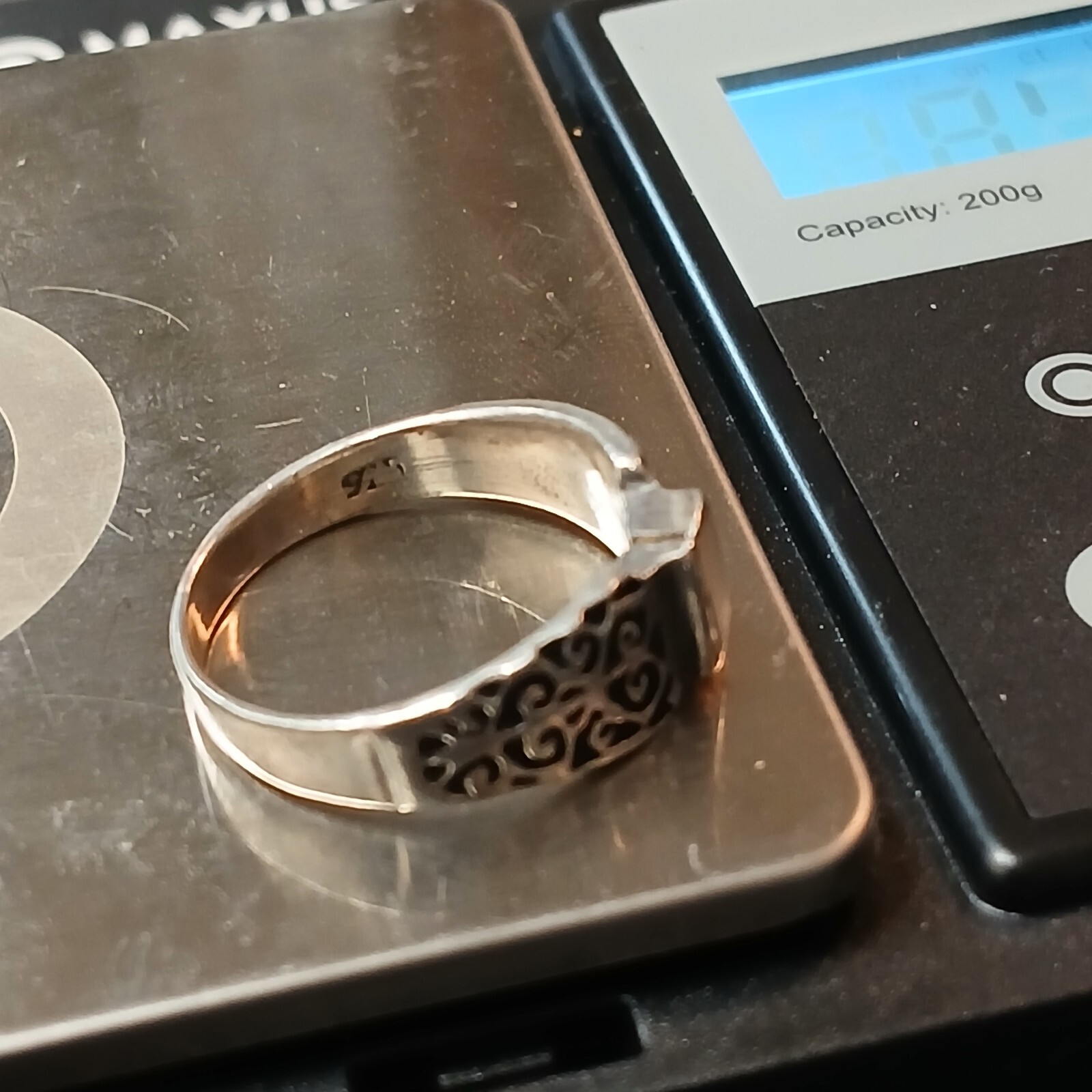 Vintage Filigree Ring Mother of Pearl 925 Sterling Silver Sz6 3mm Band Wt. 2.56g