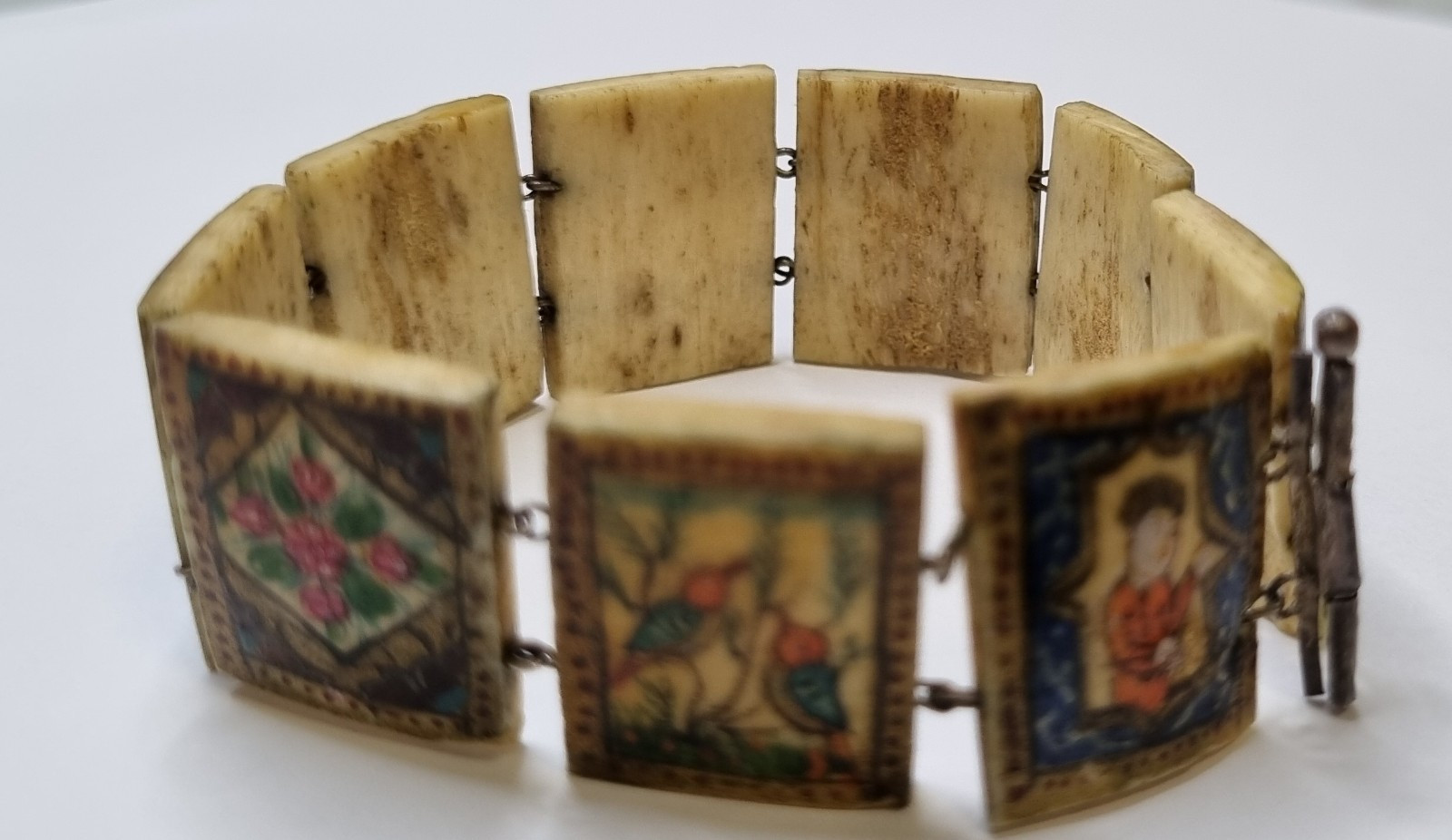 Antique Eastern European Folk Art Bone Panel Bracelet, Sterling Silver, c.1900