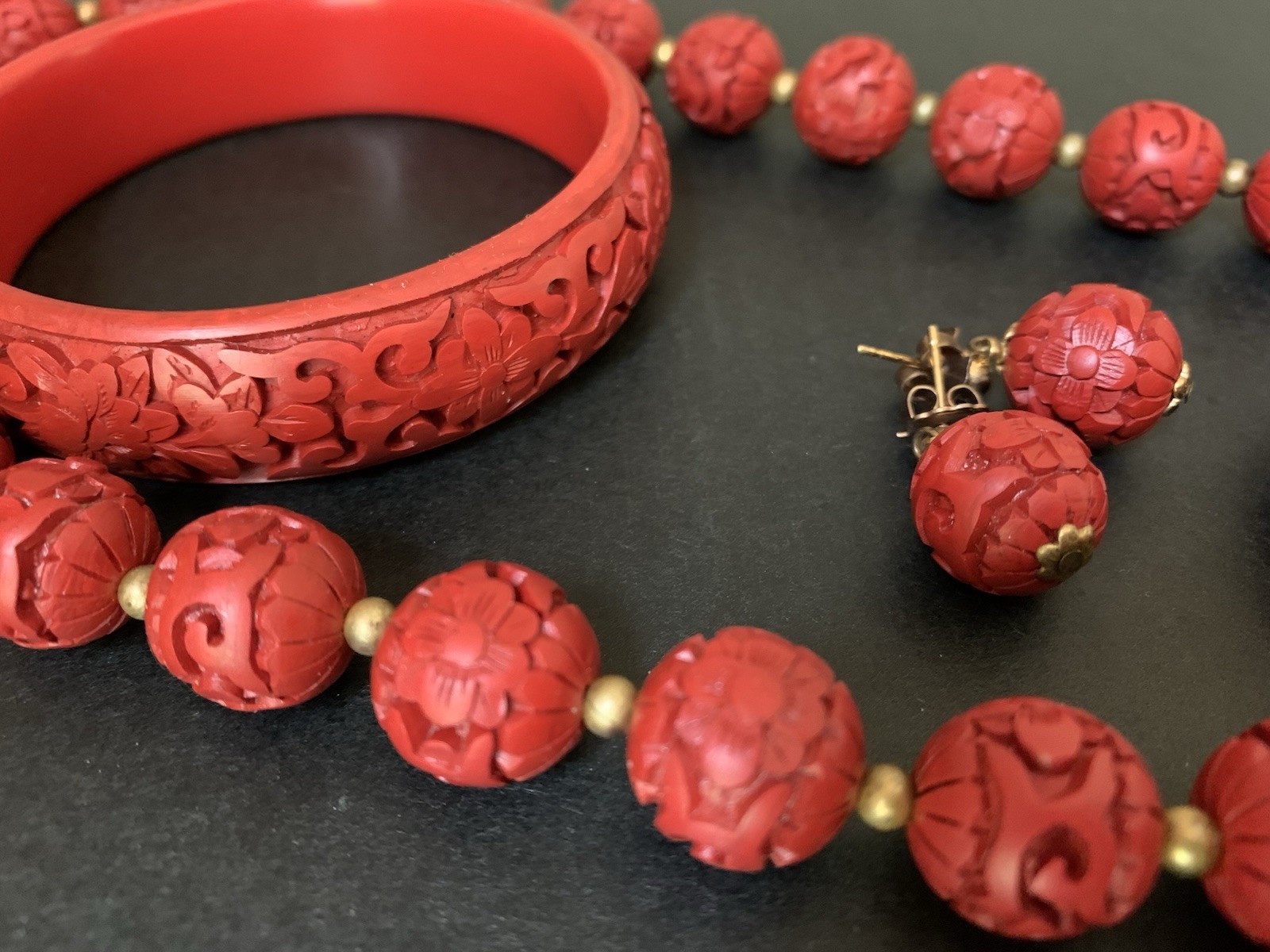 Vintage Cinnabar Necklace, Bangle and Earring Set