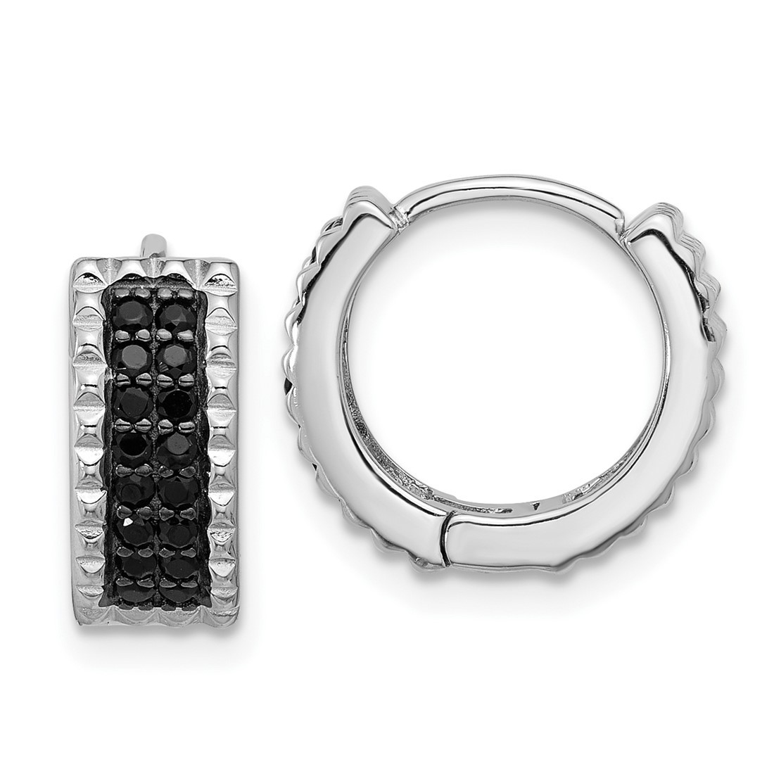 13.4mm Sterling Silver Polished/Studded Black Spinel Hinged Hoop Earrings