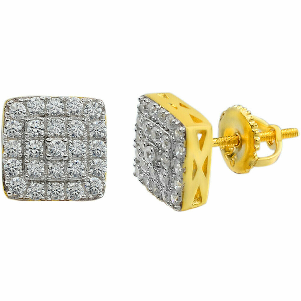 14k Gold Plated 925 Iced Real MOISSANITE Square Screwback Earrings Passes Tester