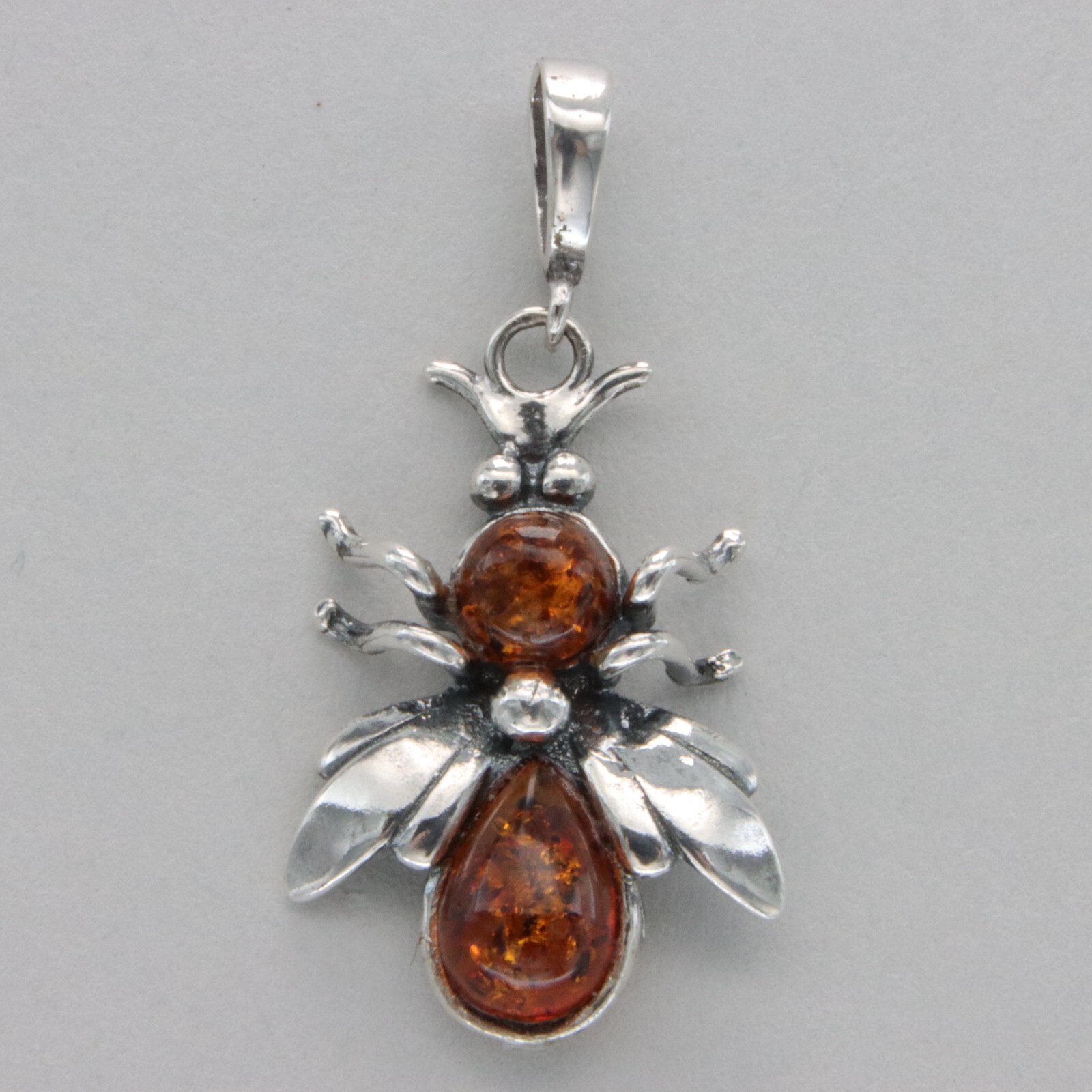 Cognac Brown BALTIC AMBER Bee Pendant in STERLING SILVER Natural Genuine #3301e