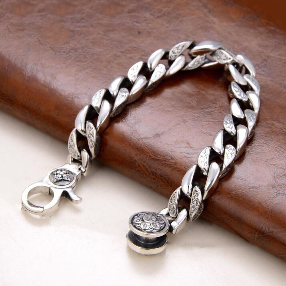 Pure S925 Sterling Silver Chain 11mm Six Words Vajra Curb Link Bracelet 7-8.7in