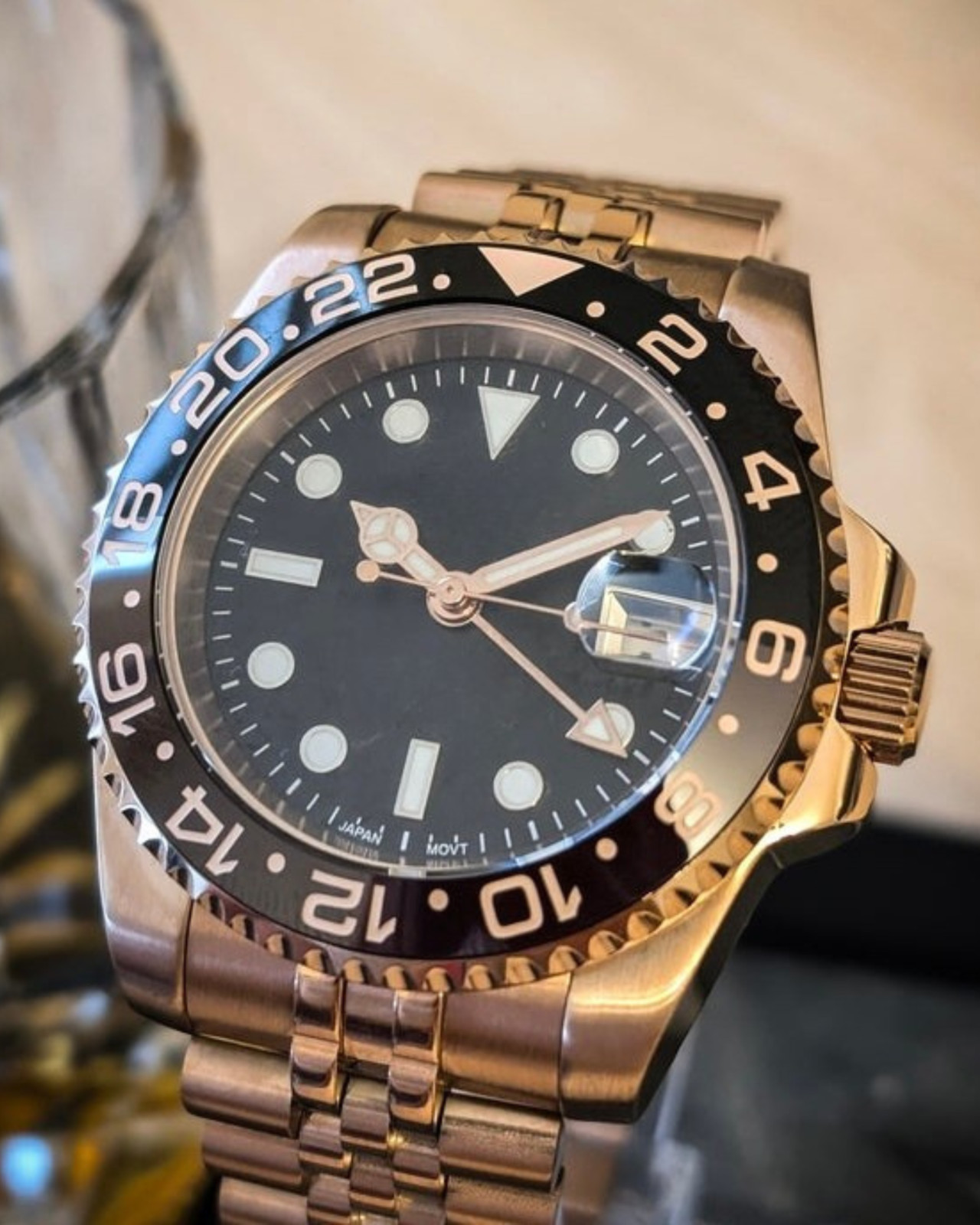 PrimeCrown Rose Gold GMT Automatic | Black/Brown Bezel | NH34