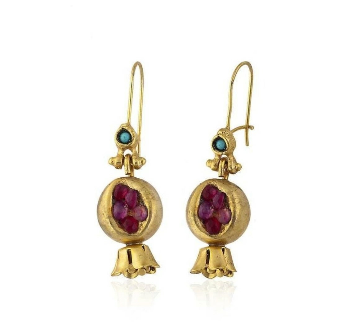 Alloy Gold Color Pomegranate Dangle Earrings with red and blue stones -1 pair