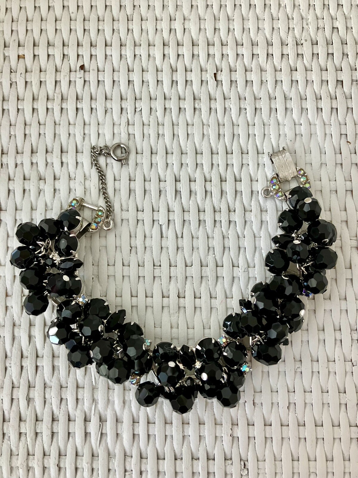 RARE! JULIANA Jet Black Cha Cha Dangle Bead Bracelet AB Rhinestone Clasp! Mint!
