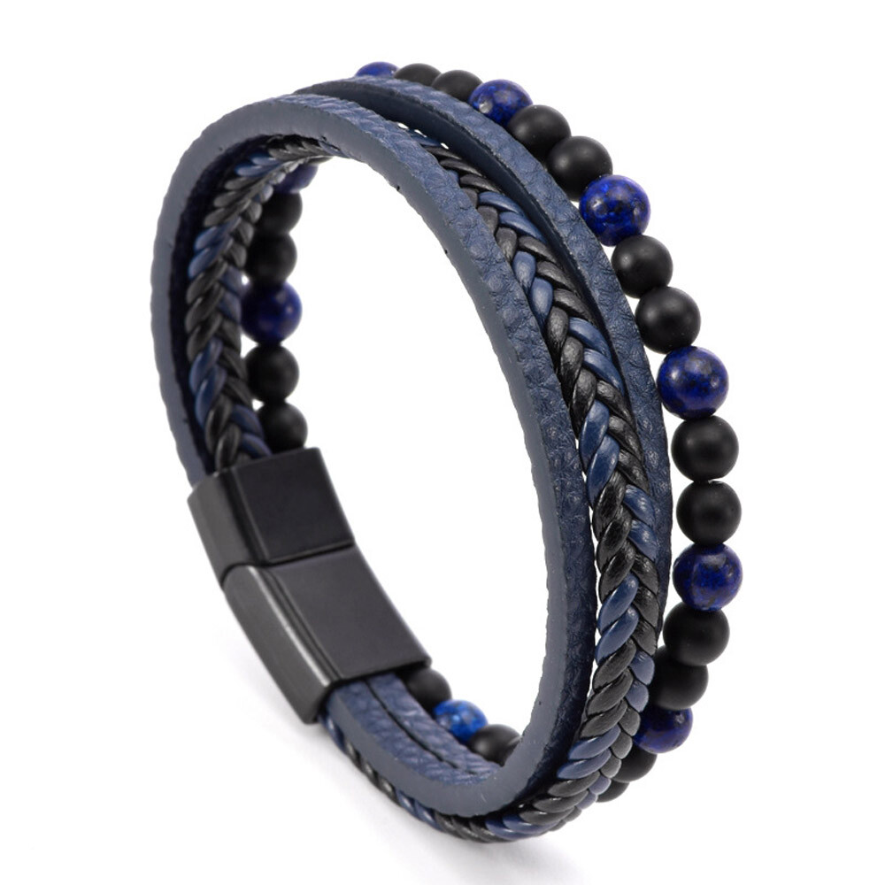 Men’s Layered Braided Leather Beaded Bracelet With Tiger Eye Natural Stone US