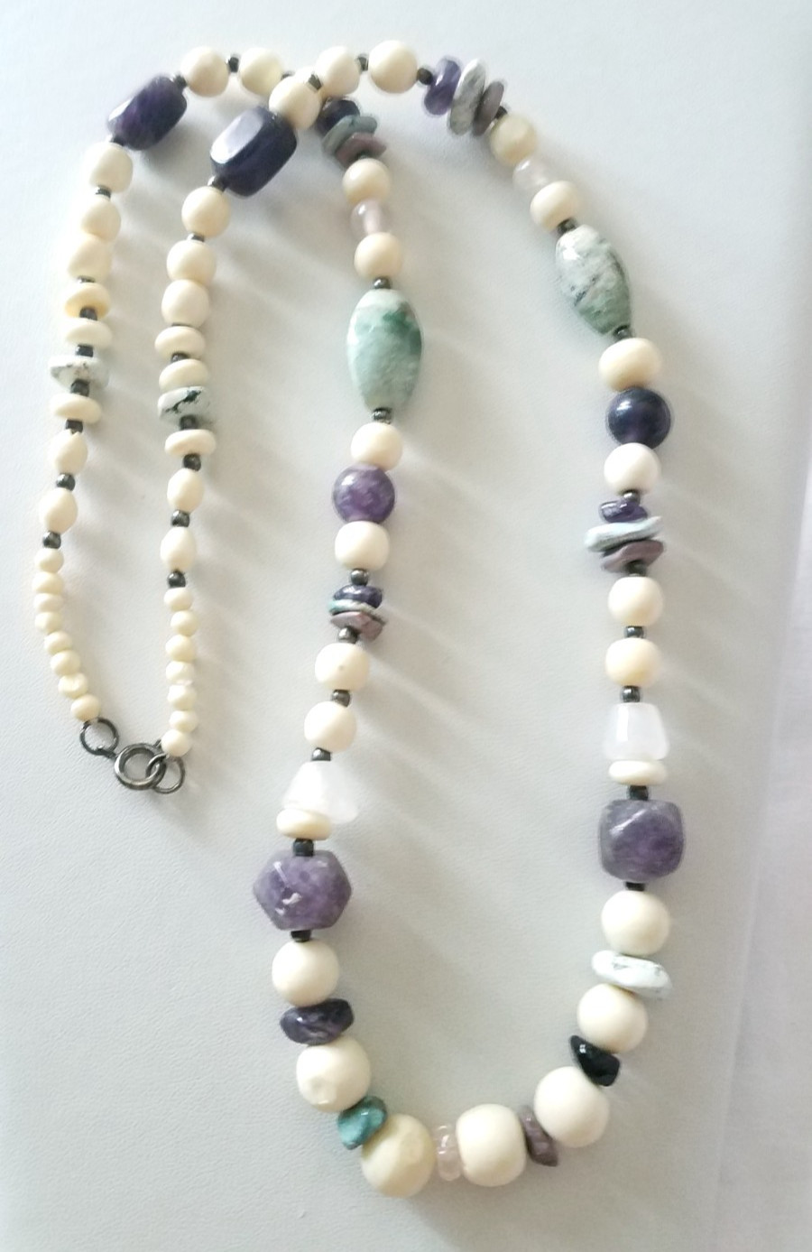 Vintage Multi Color Stone and Bovine Bead Necklace 28″ = DEAL