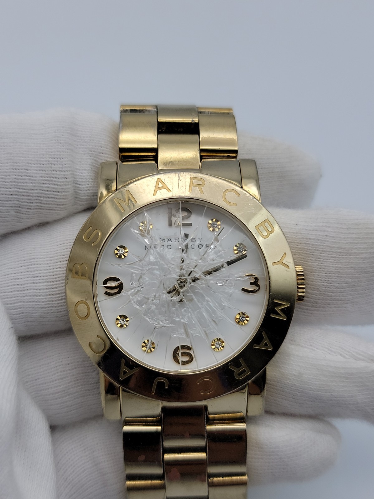 Marc By Marc Jacobs Women Watch 36mm Gold Tone Band 6″, Runs BUT Broken Crystal*