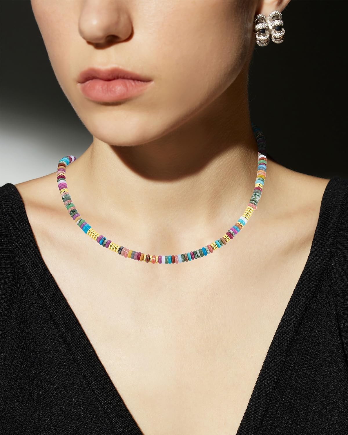 Boho Beaded Necklace for Women, Colorful Natural Stone Choker Necklace, 6MM
