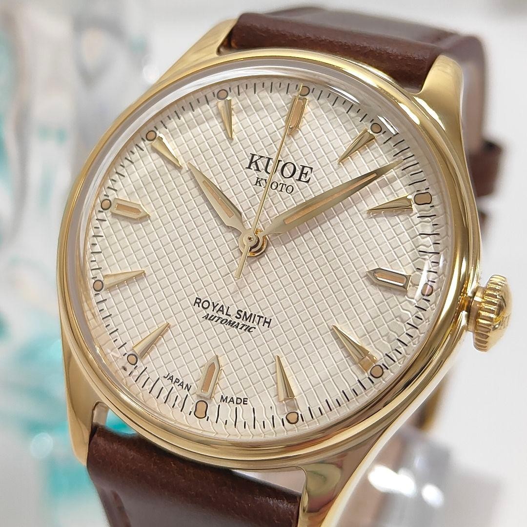 KUOE ROYAL SMITH 90-006 Gold Ivory Waffle Automatic Watch 35mm Miyota 9039