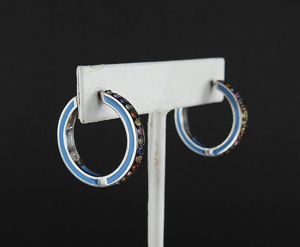 Vintage EFFY Balissima 925 Sterling Silver Enamel Multi Gemstone Hoop Earrings