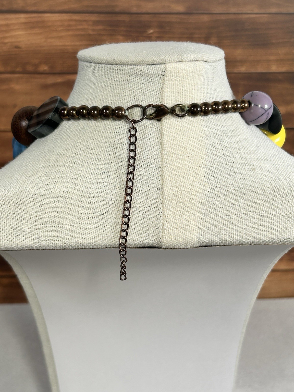Vintage Unique Chunky Beaded Necklace Yellow Blue Brown 18″ Retro MCM Casual