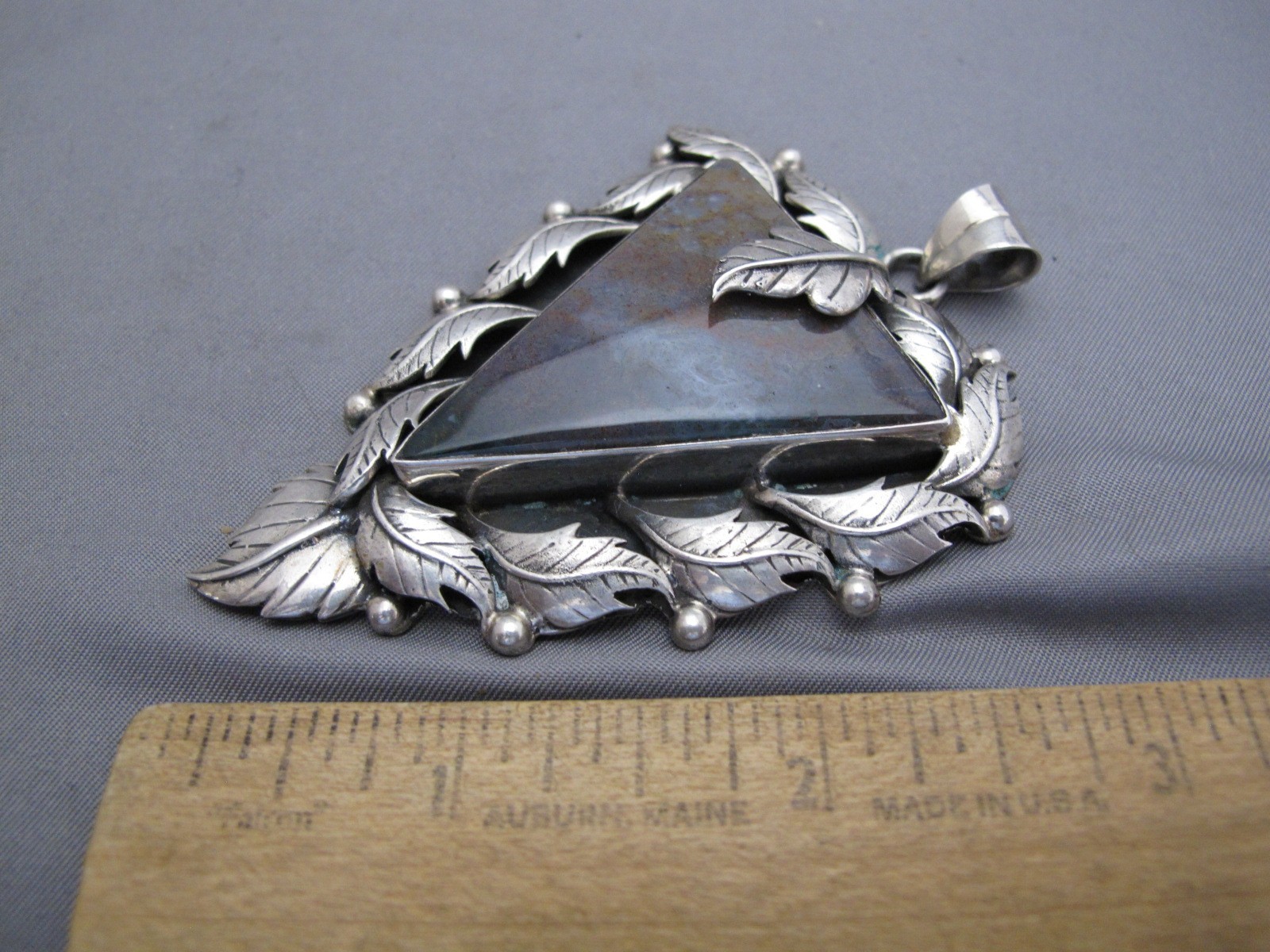 Fine LARGE Triangular Sterling AGATE PENDANT w/LEAF BORDER-Impressive! 3 1/4 In
