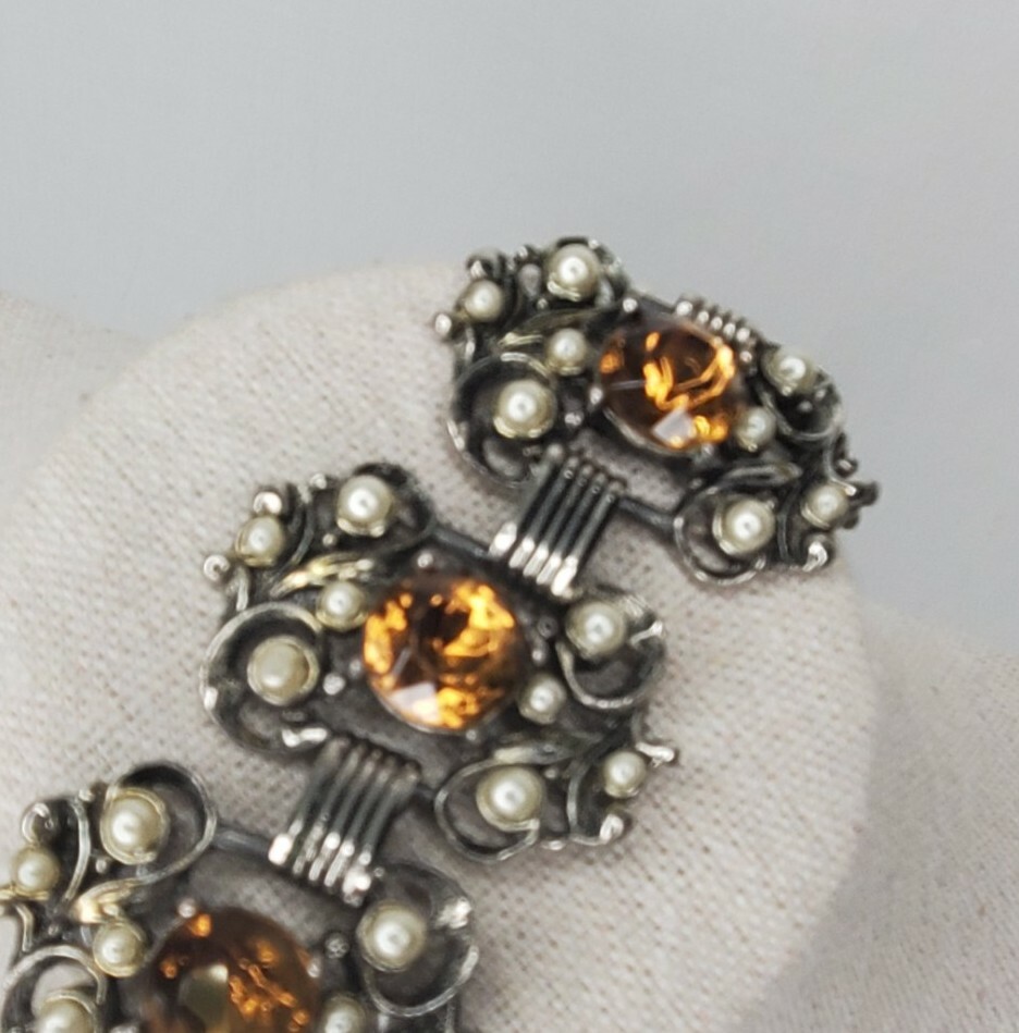 Vintage Panel Bracelet Silver Tone Faux Pearl Citrine Stones Chunky