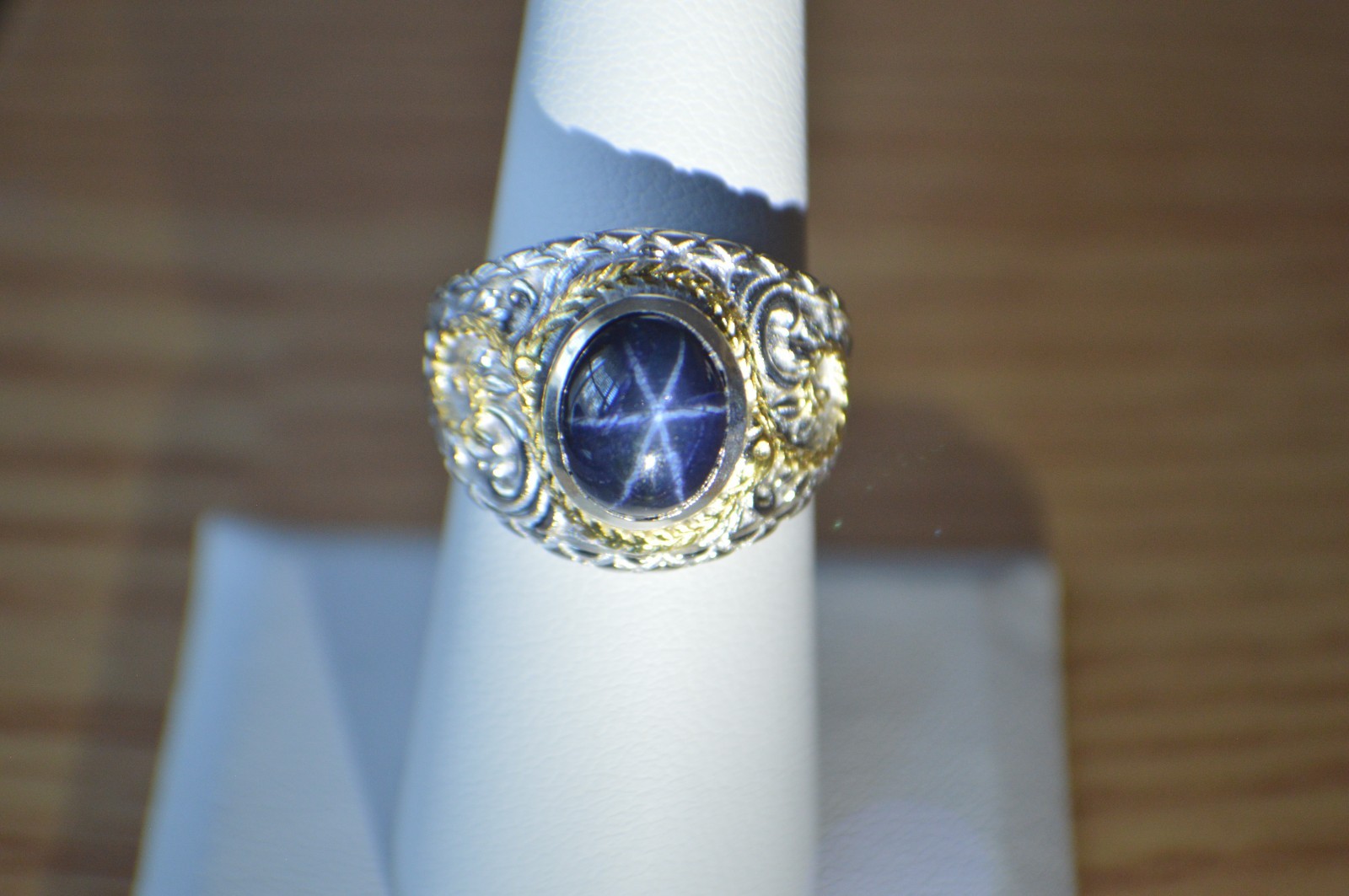 4.65ct Blue Star Sapphire Ring Rhodium & 18k YG Plated Over Fine Silver Size 7