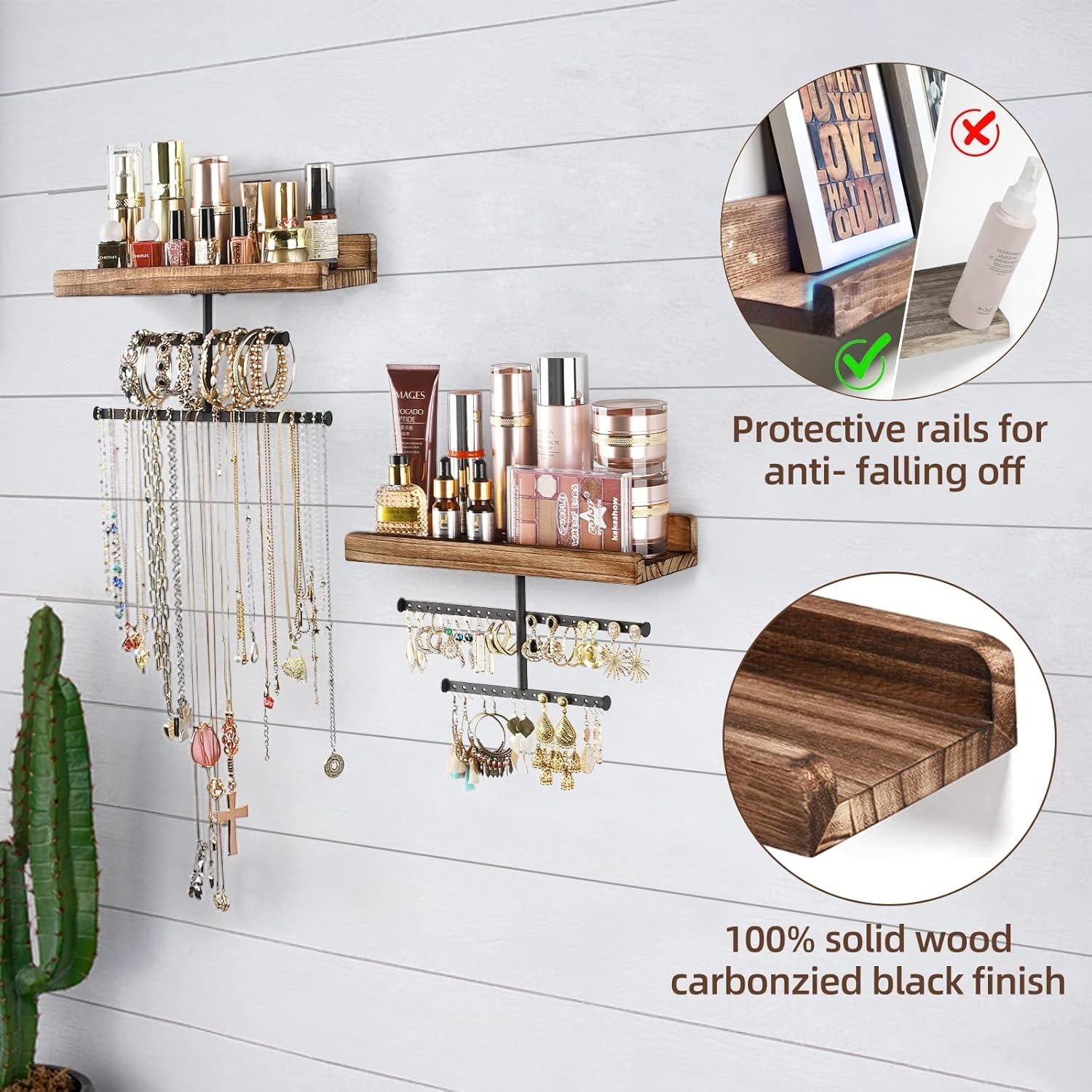 Hanging Wall Mounted Jewelry Organizer with Rustic Wood Jewelry Holder Display f