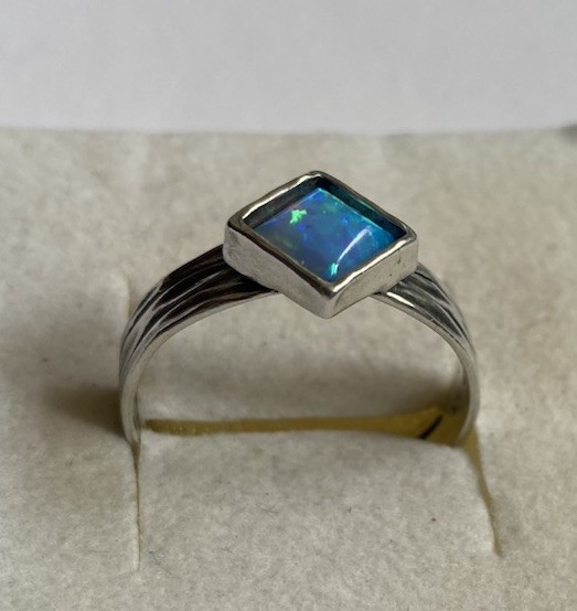 Sterling Silver, Square Bezel Set Lab Opal, Ring By PZ Creations