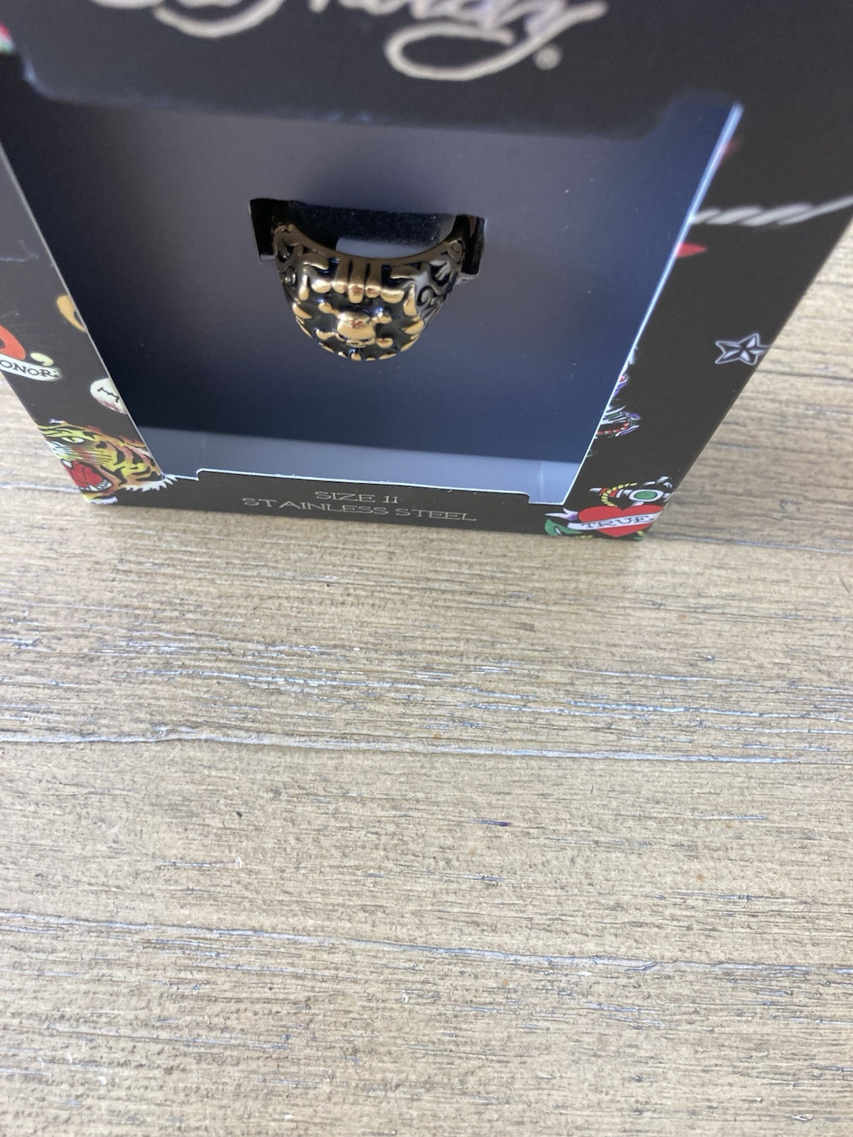 Ed Hardy Skull & Crossbones Stainless Steel Ring Size 11 Black and Gold Tone NIB