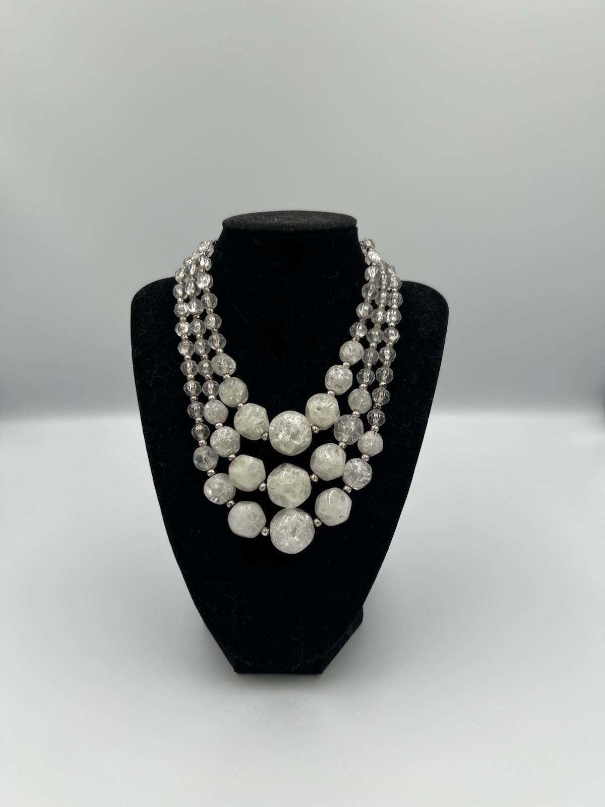 Vintage White Crackle Glass Multi-Strand Statement Necklace 15”-18”
