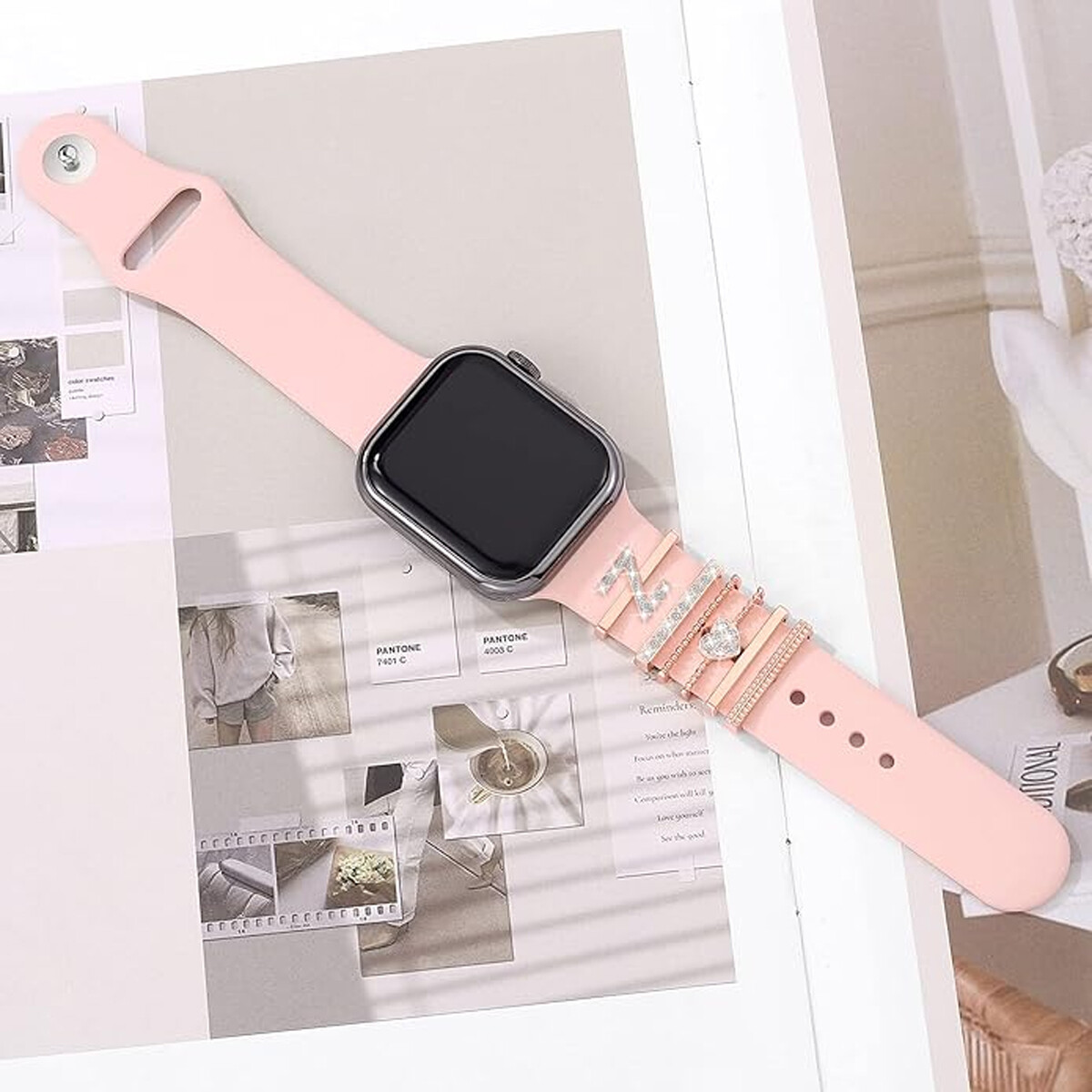For Apple Watch Silicone Band Metal Charms Decorative Rhinestone Letter Ornament