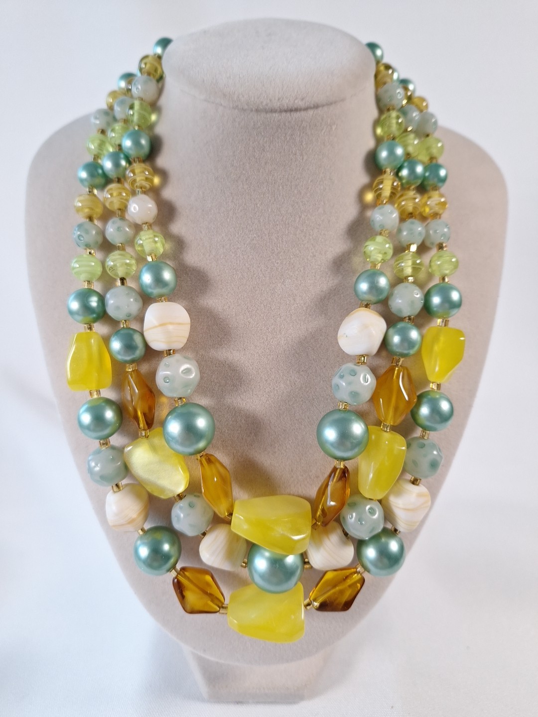 Vintage 3 Strand Beaded Necklace Yellow/Aqua/Ivory/Brown