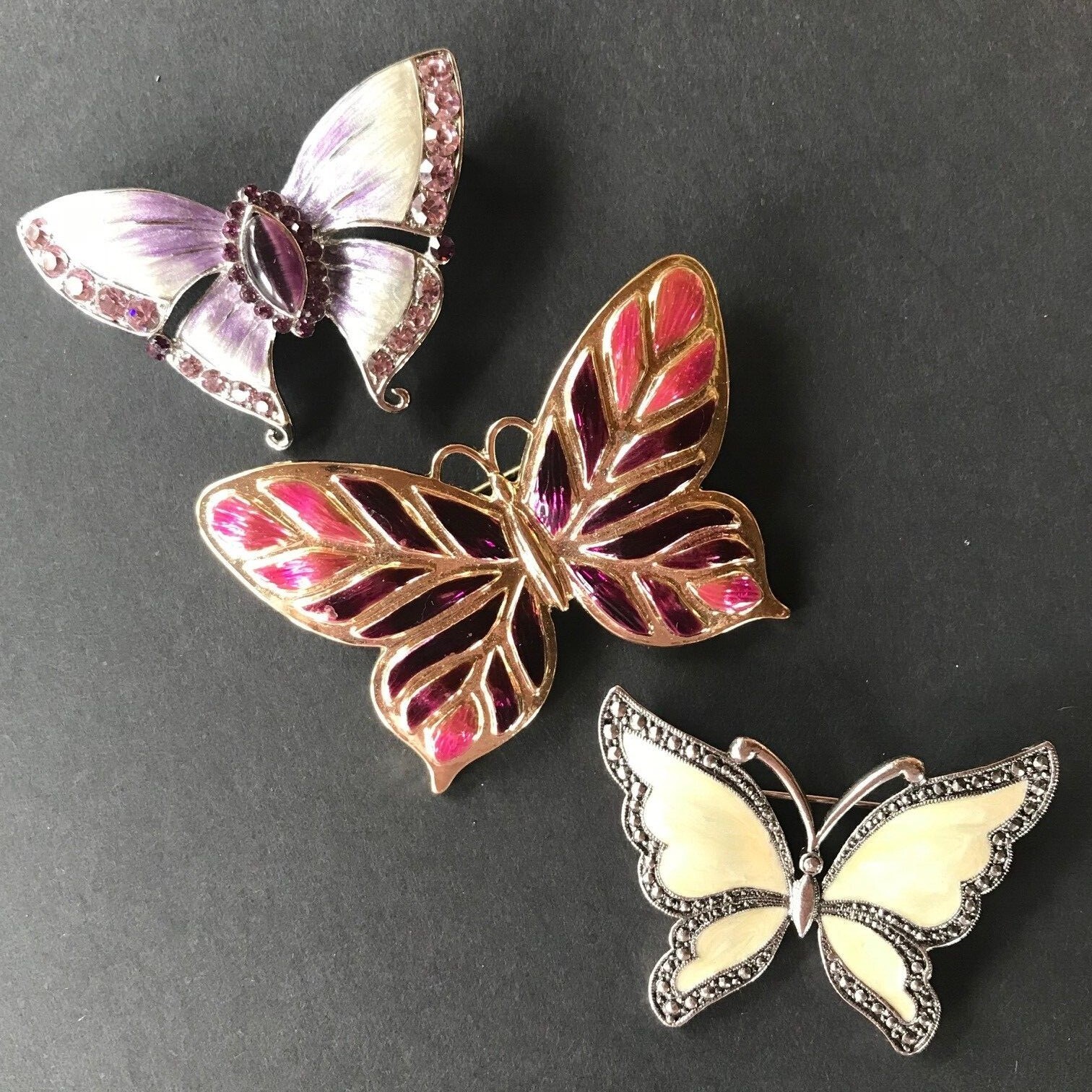 Napier LP signed brooch lot of 3 butterfly enamel pink purple ivory gold silver