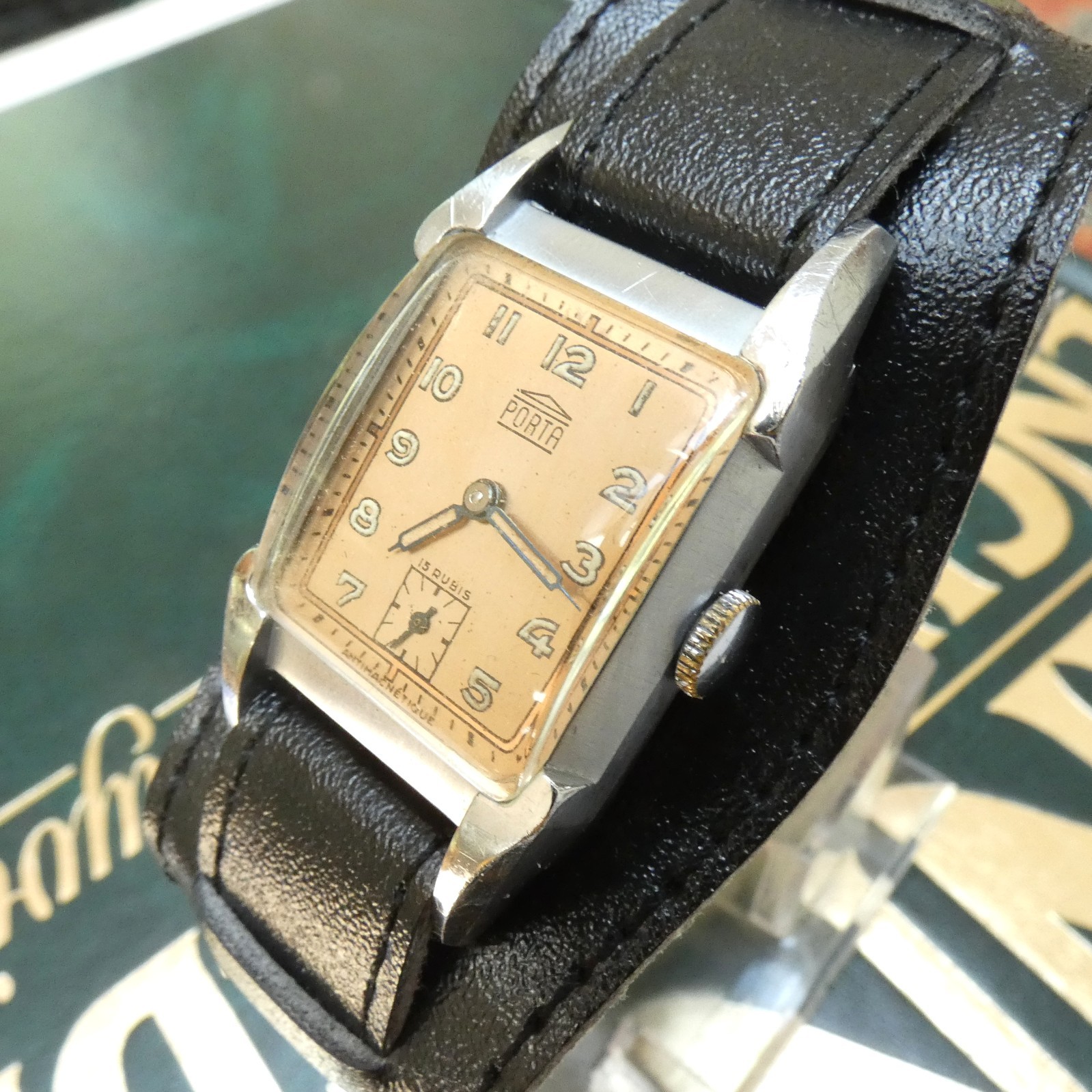 Vintage Art Deco PORTA 1930s German Tank Watch PUW 15 Rubis Tested Works Great