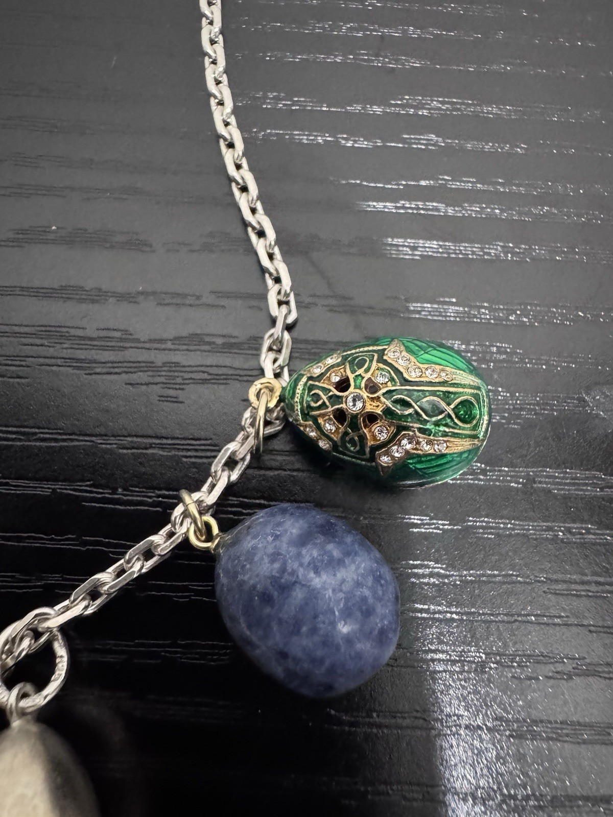 Vintage Soviet Russian Sterling Silver Vermeil Enamel Porcelain Egg Pendant 24”