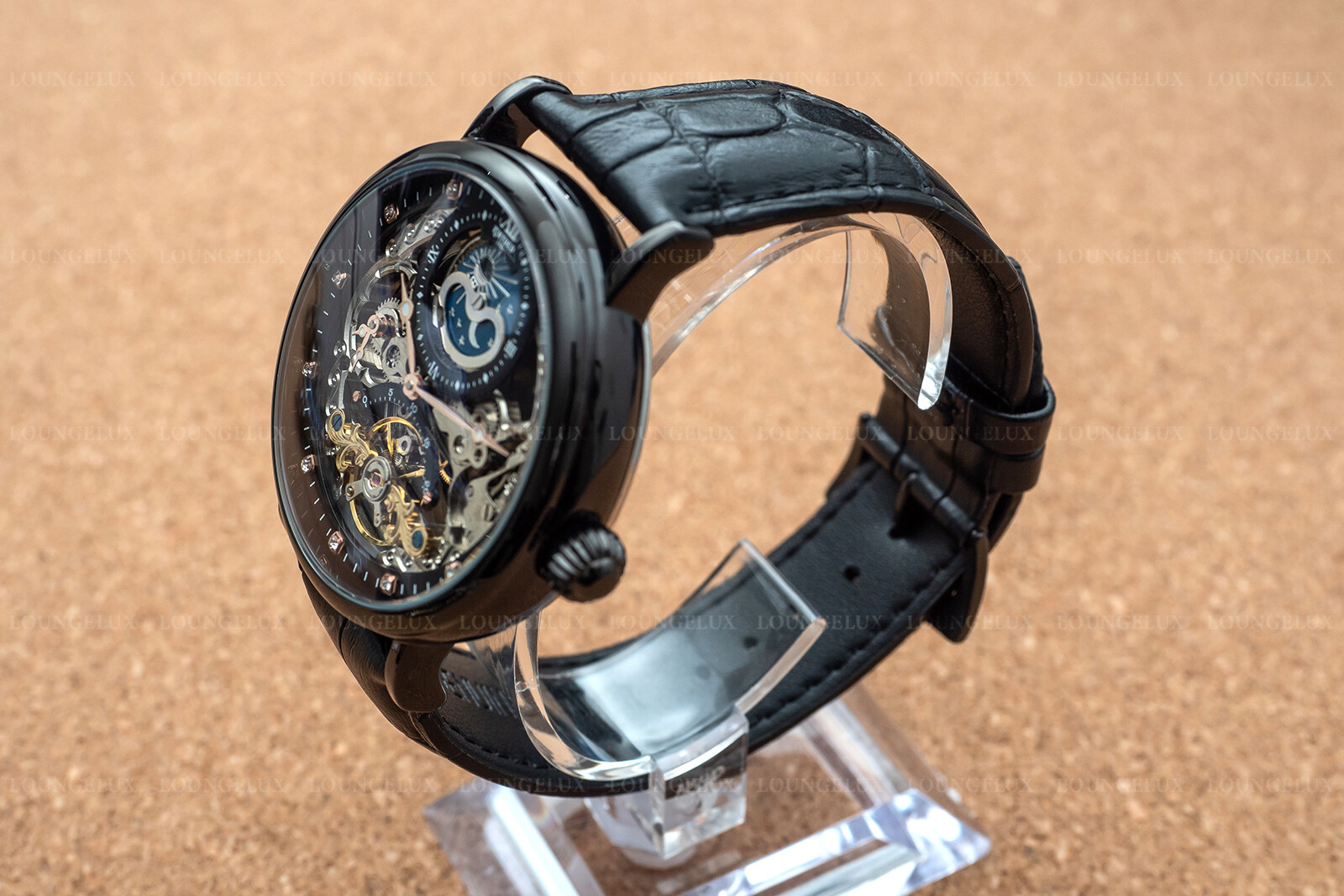 Mens Dual Time Flywheel Skeleton Automatic Mechanical Watch Black Leather Band