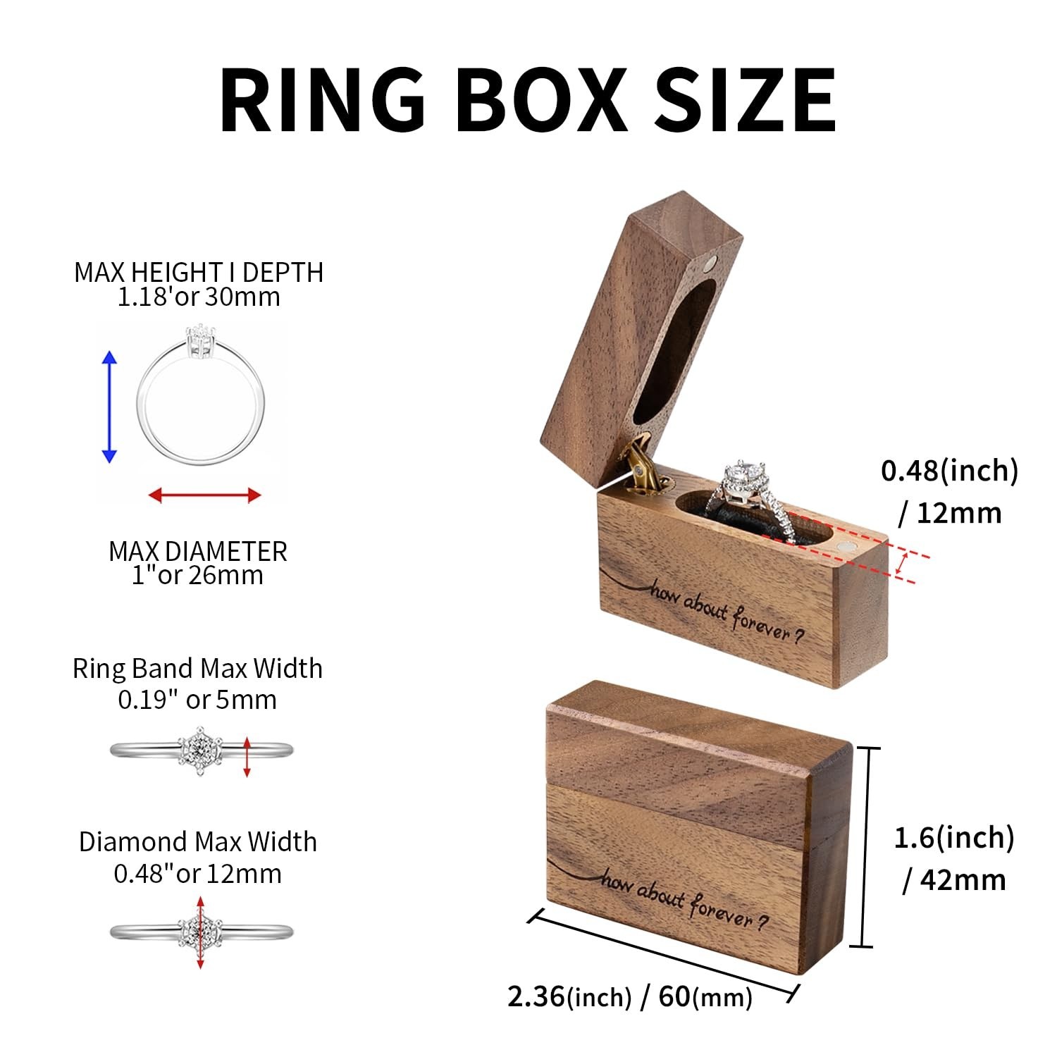 Engagement Ring Box – Slim Walnut Wood Case for Proposal & Wedding | Engraved ‘H