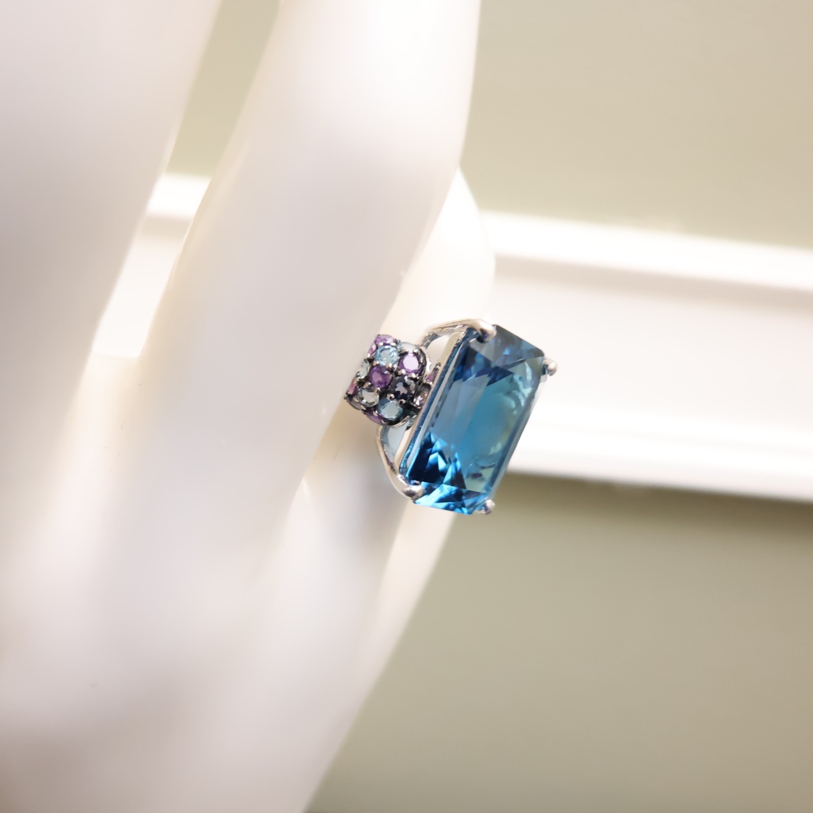 London blue topaz ring emerald cut amethyst accents sterling silver 925 QVC Sz 7