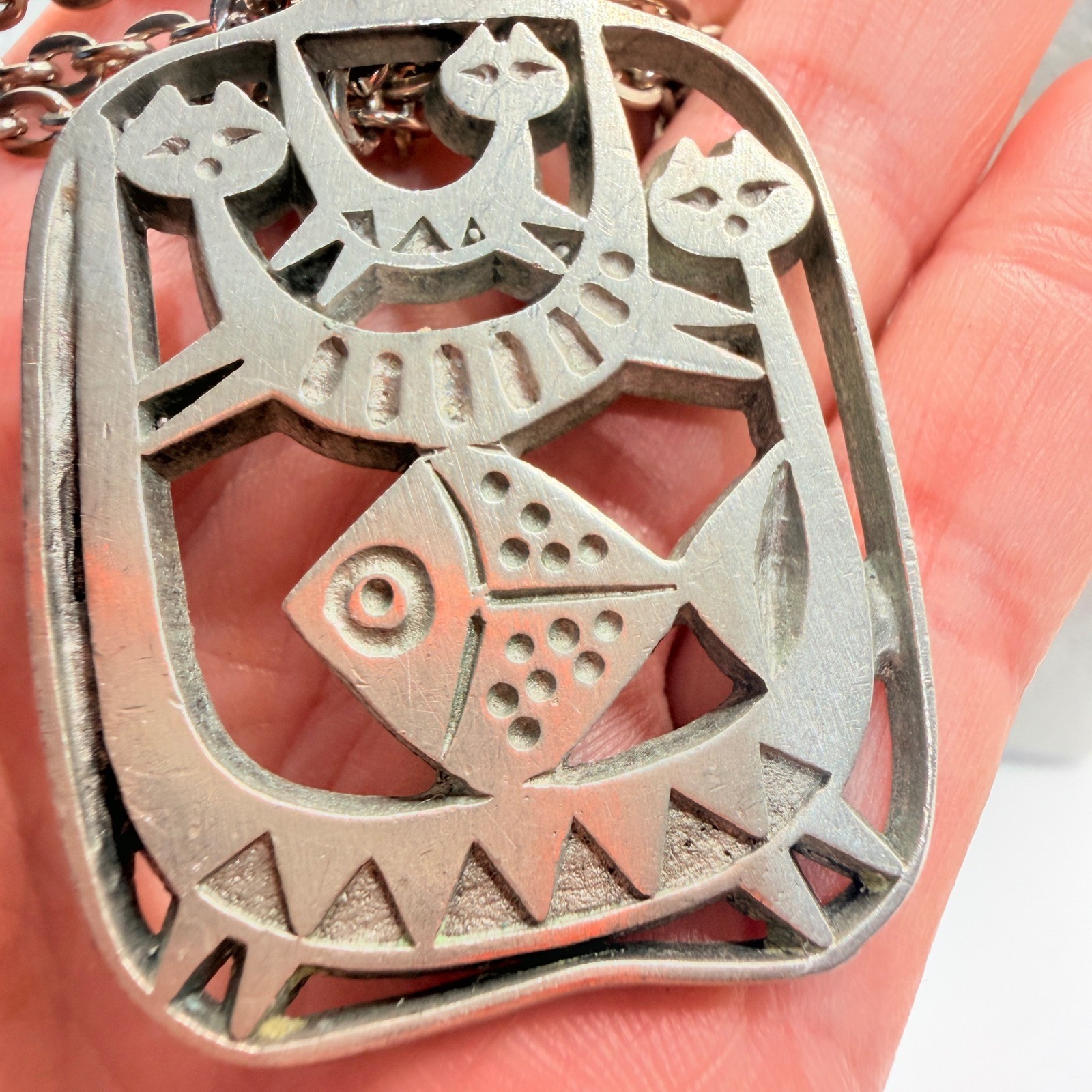 Vintage Sweden MCM Pewter Cats Fish Pendant Necklace Silver Tone Folk Art