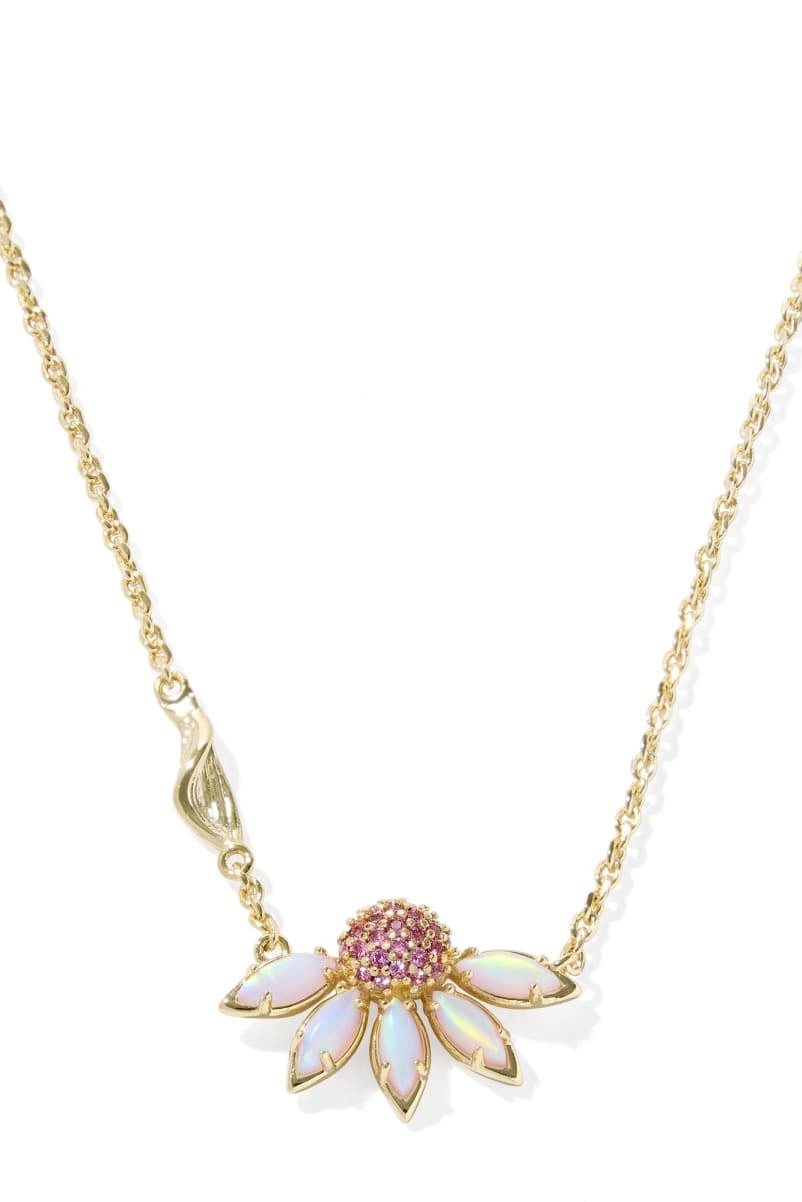 Kendra Scott Gold Sunflower Daisy Flower Pendant Necklace Pink Opalescent Stone