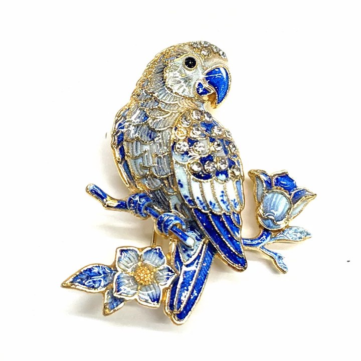 Blue Rhinestone Parrot Flower Enamel Brooch Bird Lapel Pin