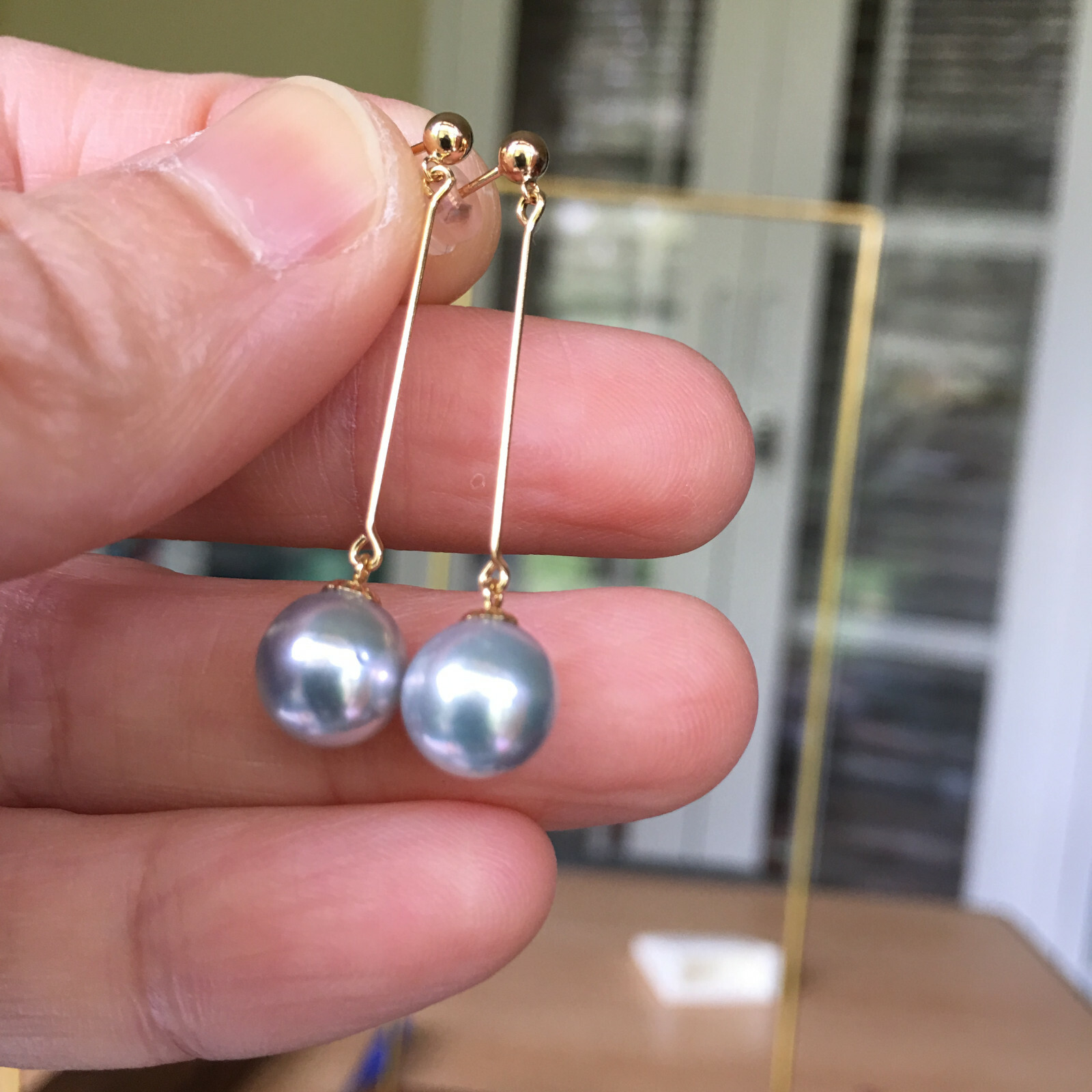 8mm Japan Seawater Akoya Fairy Pearl Earring stud 18K Gold 9.8cts 37.5mm #132