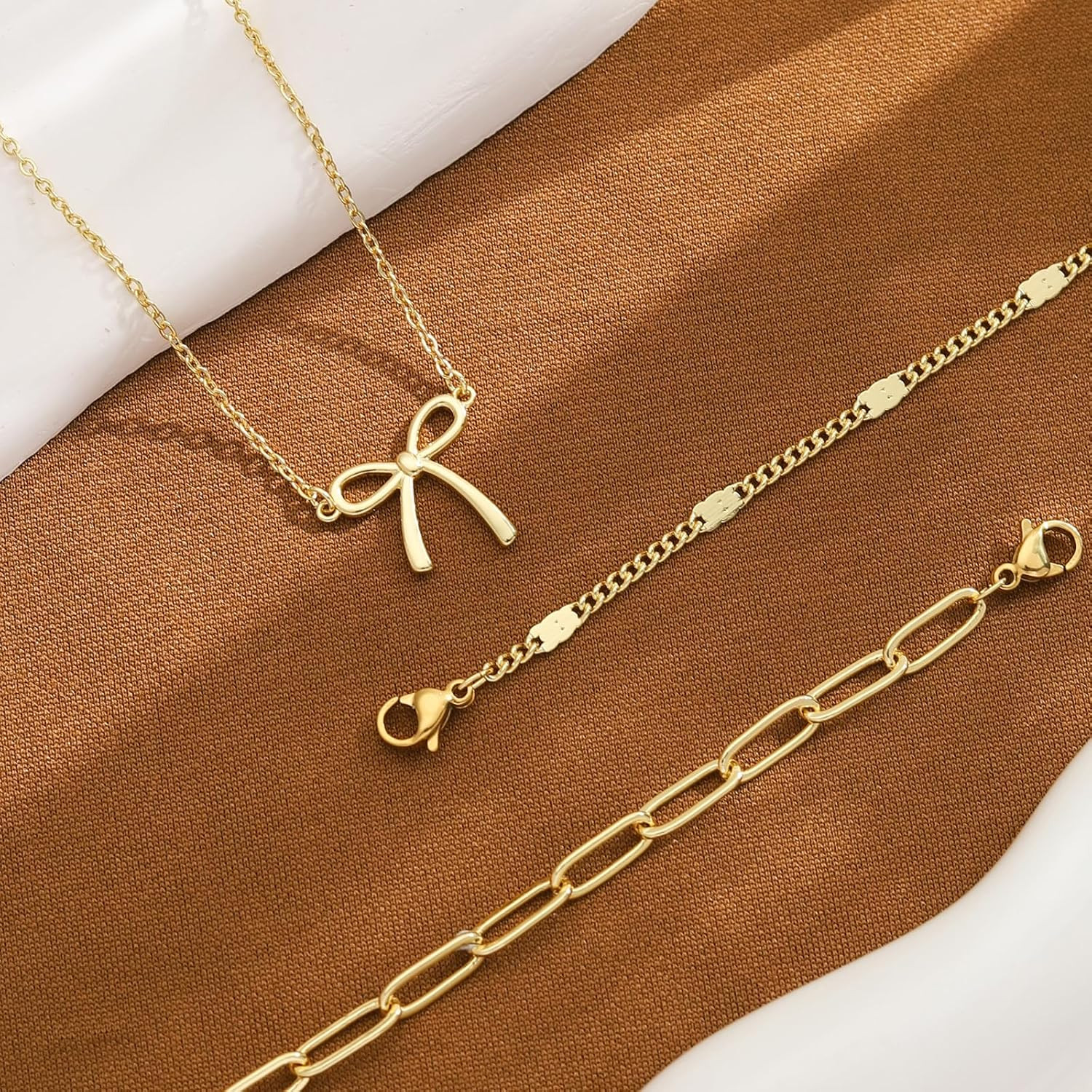 Layered Glod Bow Necklaces for Women 14K Gold Plated Stackable Dainty Choker Nec