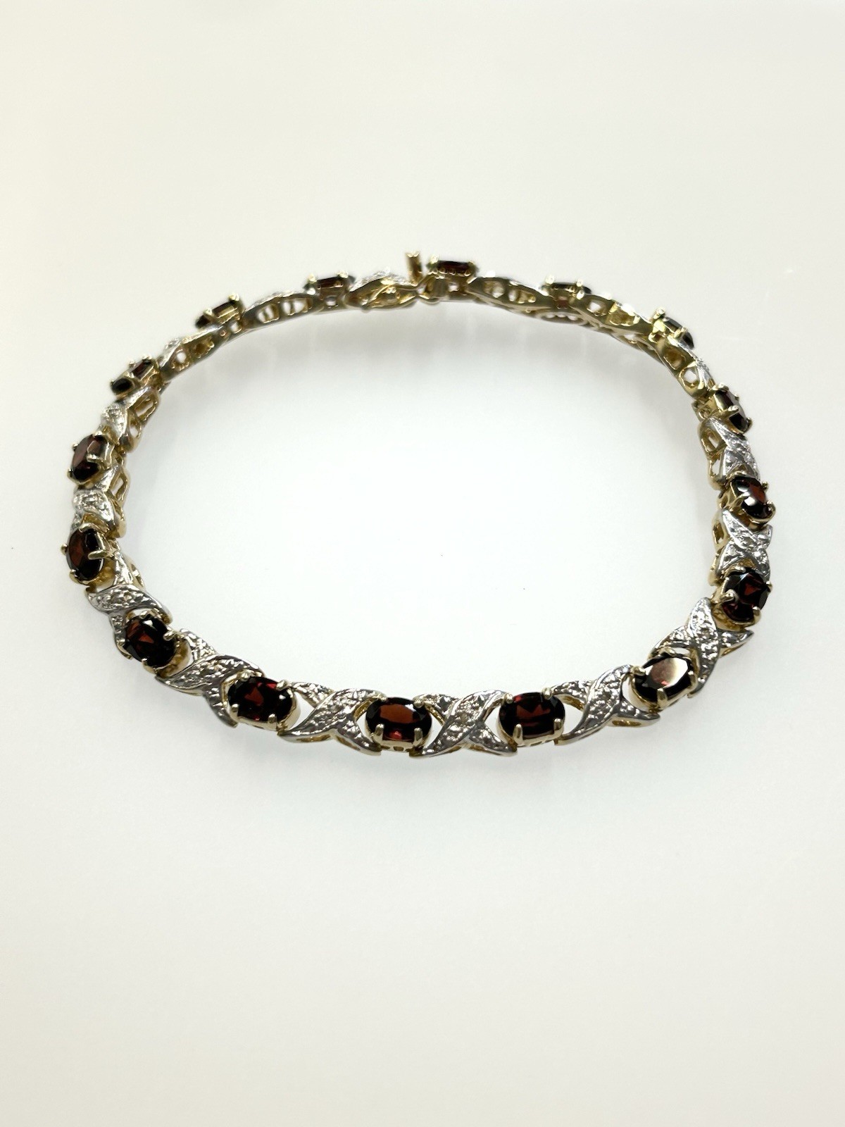Vintage Sterling Silver Gold Toned X’s & O’s Bracelet With Red & Clear Stones