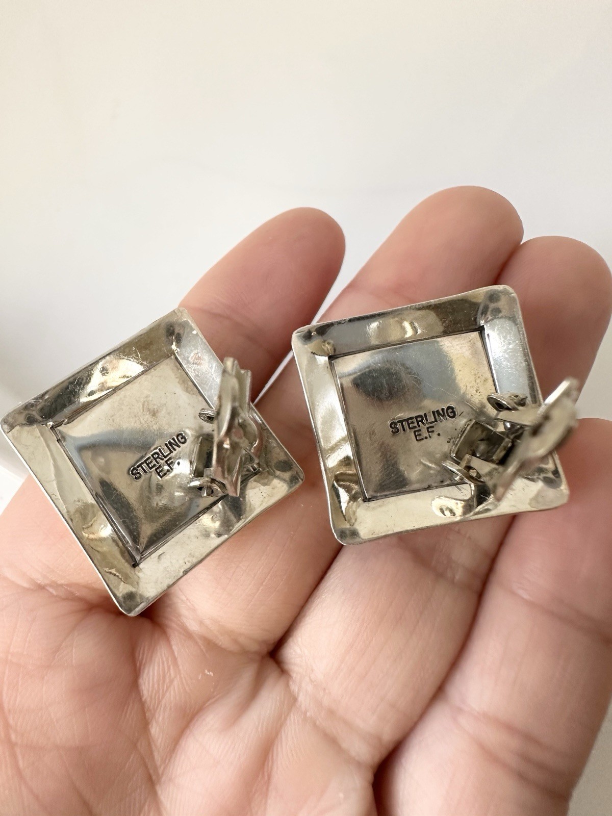 Navajo E.F Sterling Silver Black Onyx Clip On Earrings