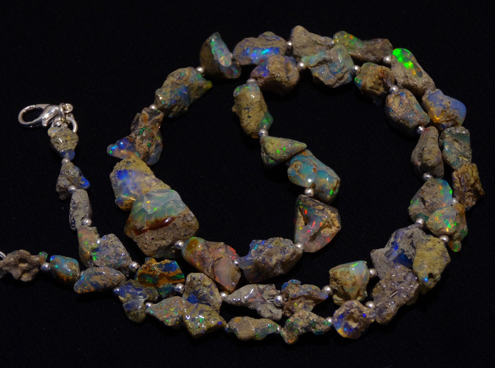 Rainbow Fire Black Opal Rough 9 to 15 mm Freeform Nugget Beads Necklace 19″