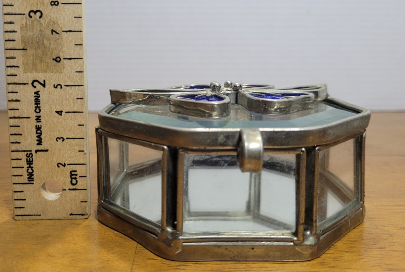 Octagon Stained Glass Trinket Jewelry Box Mirrored Bottom Hinged Top Flower