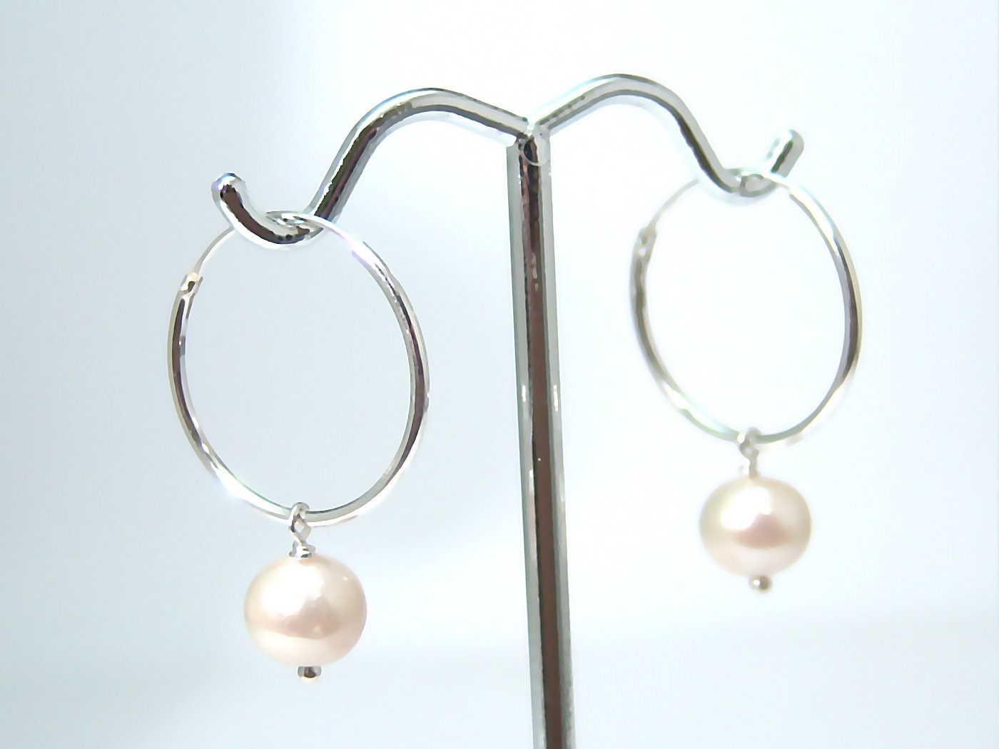 Sterling Silver Hoop Earrings with Freshwater Pearls 3/4 inch Diameter