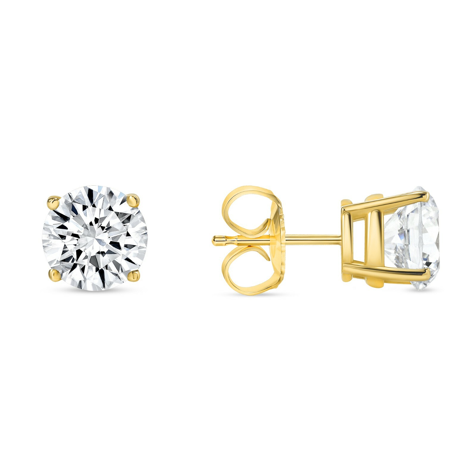 4 Ct Round Earrings Studs Solid 14K Yellow Gold Brilliant Cut Push Back Basket
