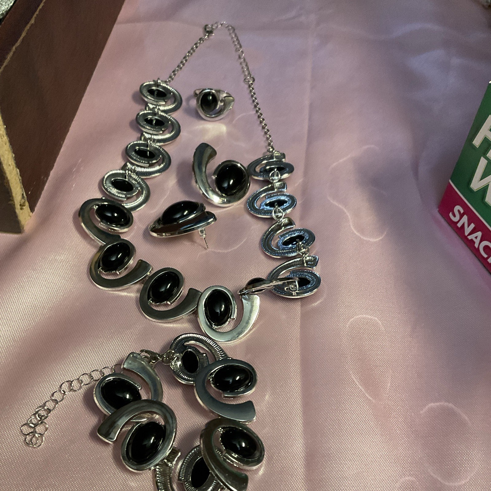 Silver Tone Black Onyx Jewelry Set Necklace Bracelet Earrings Ring