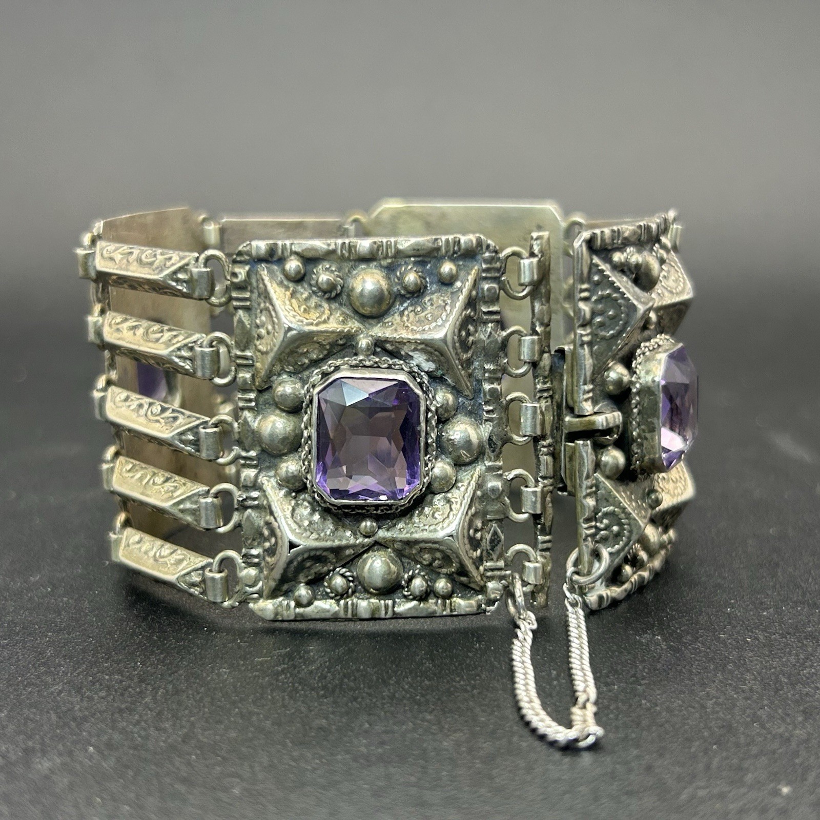 Vintage 800 Silver Amethyst Panel Link Bracelet 50.6g Safety Chain Antique Style